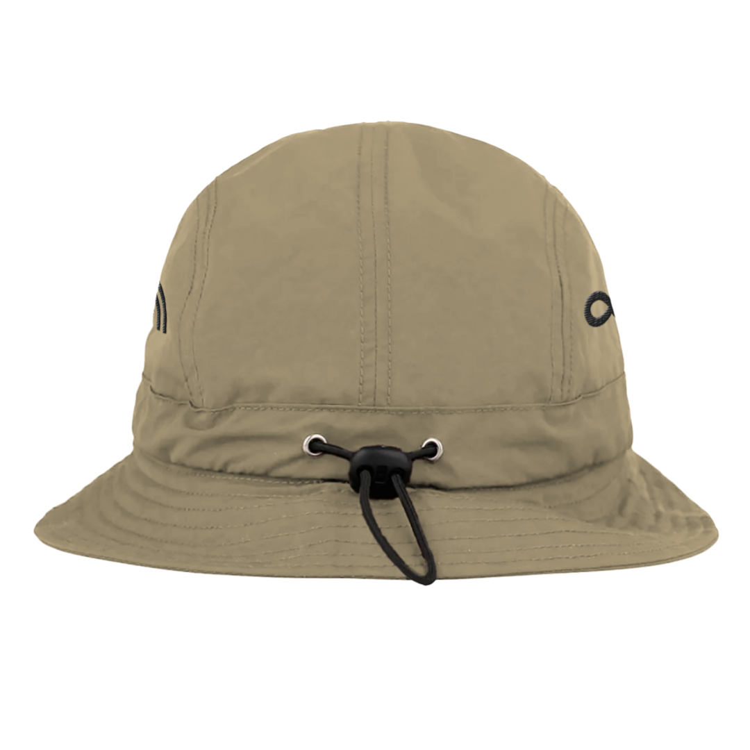 Beige symbol bucket brim hat with black drawstring and subtle embroidered logo on each side in bucket brim style
