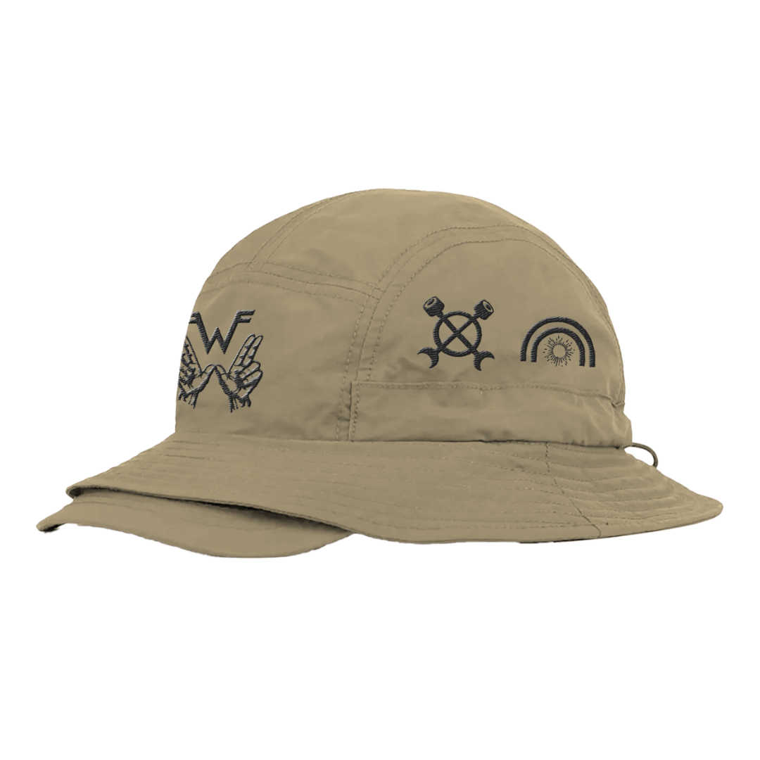 Beige symbol bucket brim hat with black embroidered logos on the front for casual sun protection