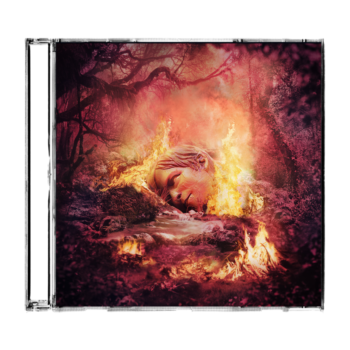 Cd case of official weezer merchandise sznz summer with haunting face engulfed in flames in dark forest from weezer uk store