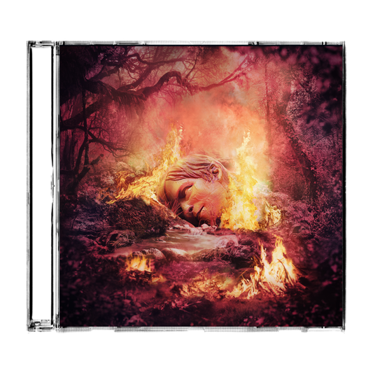 Cd case of official weezer merchandise sznz summer with haunting face engulfed in flames in dark forest from weezer uk store