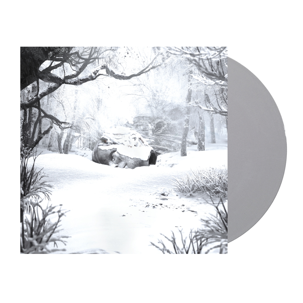 Gray translucent winter silver vinyl record featuring black-and-white winter forest artwork with snow-covered trees
