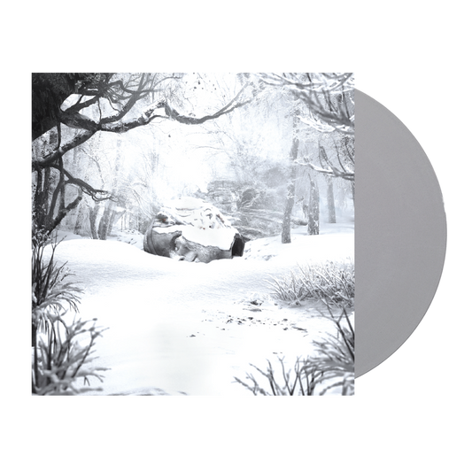 Gray translucent winter silver vinyl record featuring black-and-white winter forest artwork with snow-covered trees