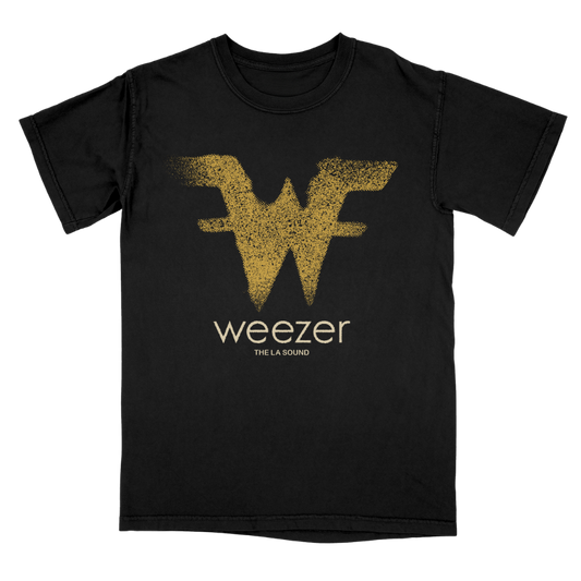 Black short-sleeved sound tee with textured gold w logo and weezer the la sound print from the official weezer uk store