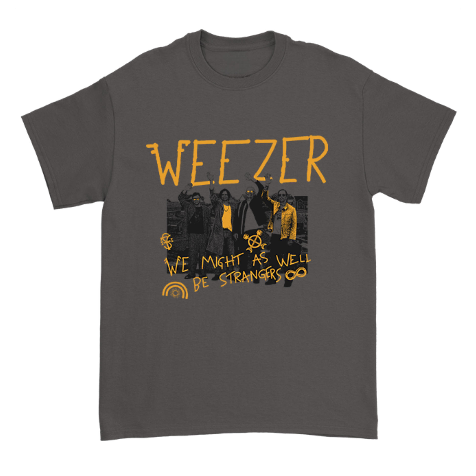 Gray cotton unisex t-shirt with yellow weezer graphic and we might as well be strangers album design pre-sale item strangers shirt
