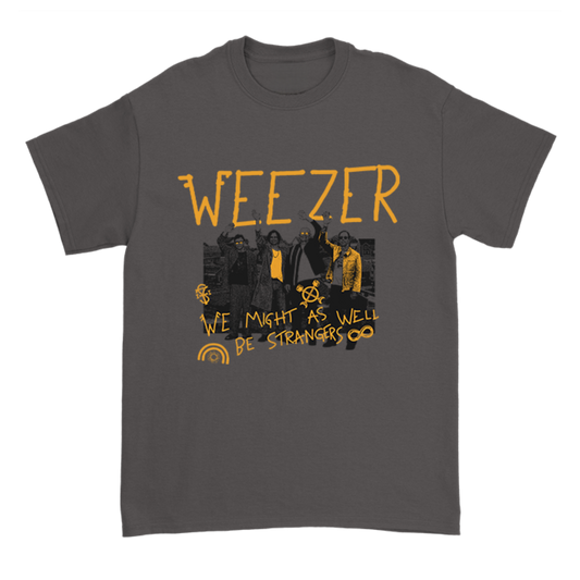 Gray cotton unisex t-shirt with yellow weezer graphic and we might as well be strangers album design pre-sale item strangers shirt