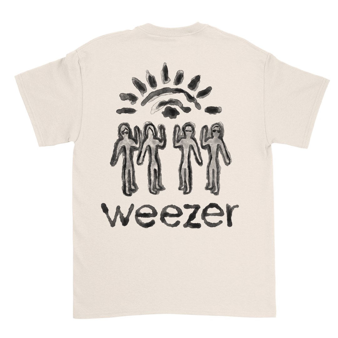 Cream-colored cotton unisex glyph shirt with classic fit featuring black ink-style stick-figure graphic and weezer logo