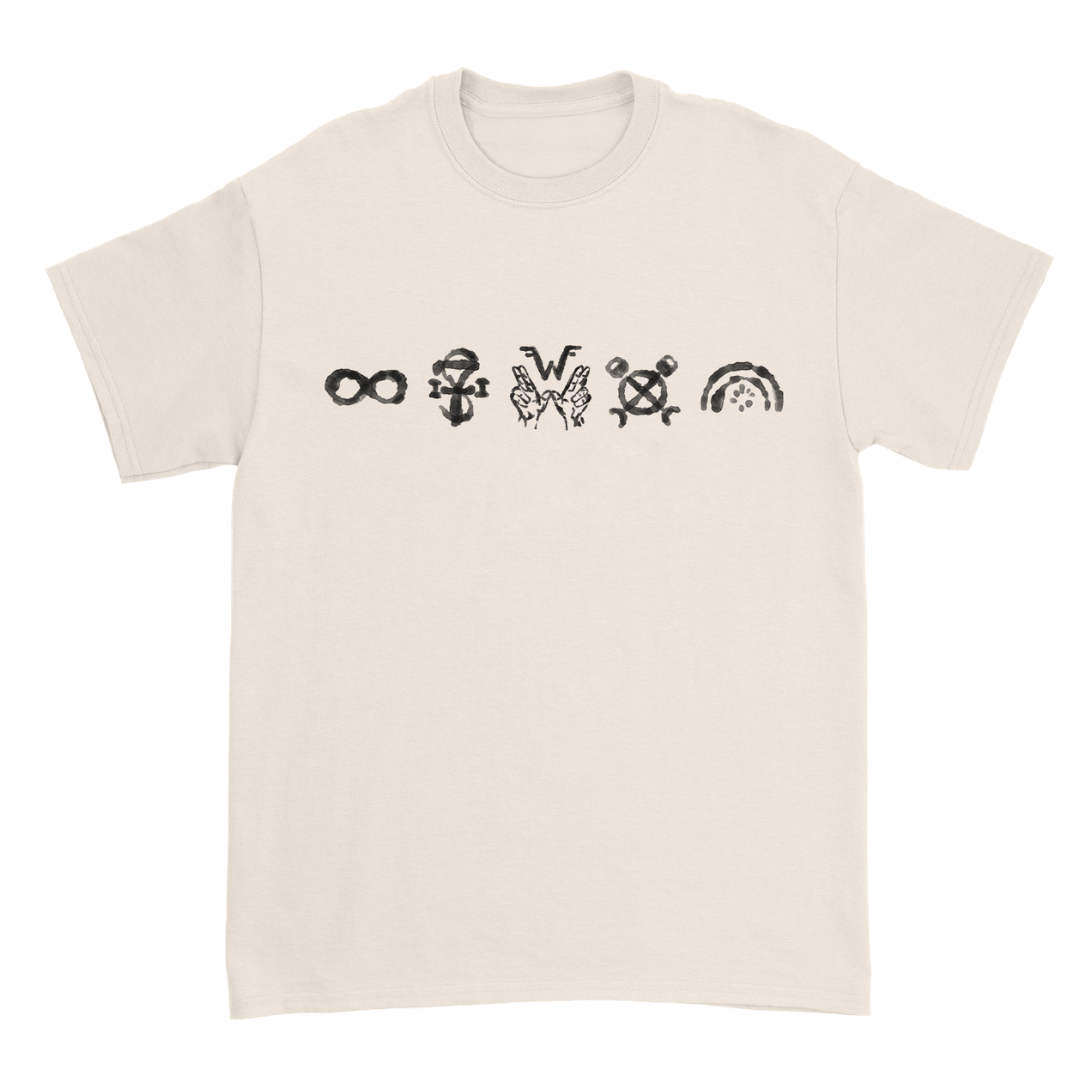 Cream-colored cotton unisex classic fit glyph shirt with five black symbolic graphics across the chest