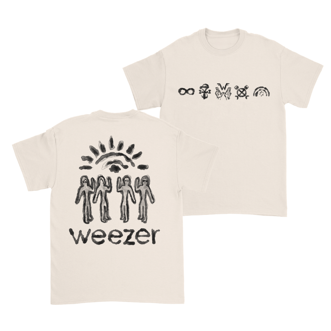 Cream-colored cotton unisex glyph shirt with black stylized figures and bold weezer print classic fit