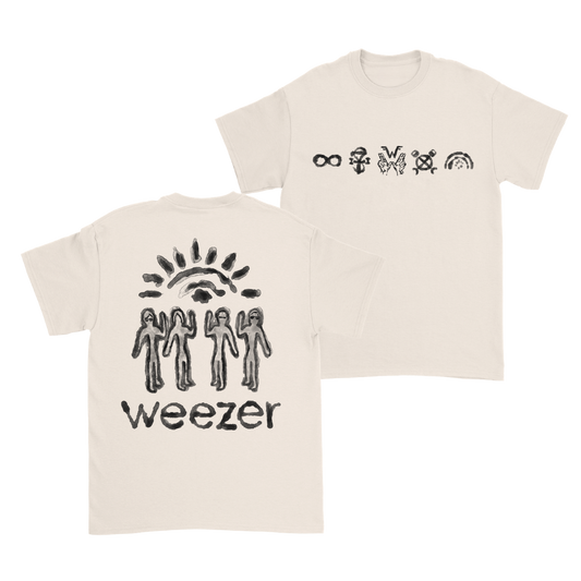 Cream-colored cotton unisex glyph shirt with black stylized figures and bold weezer print classic fit