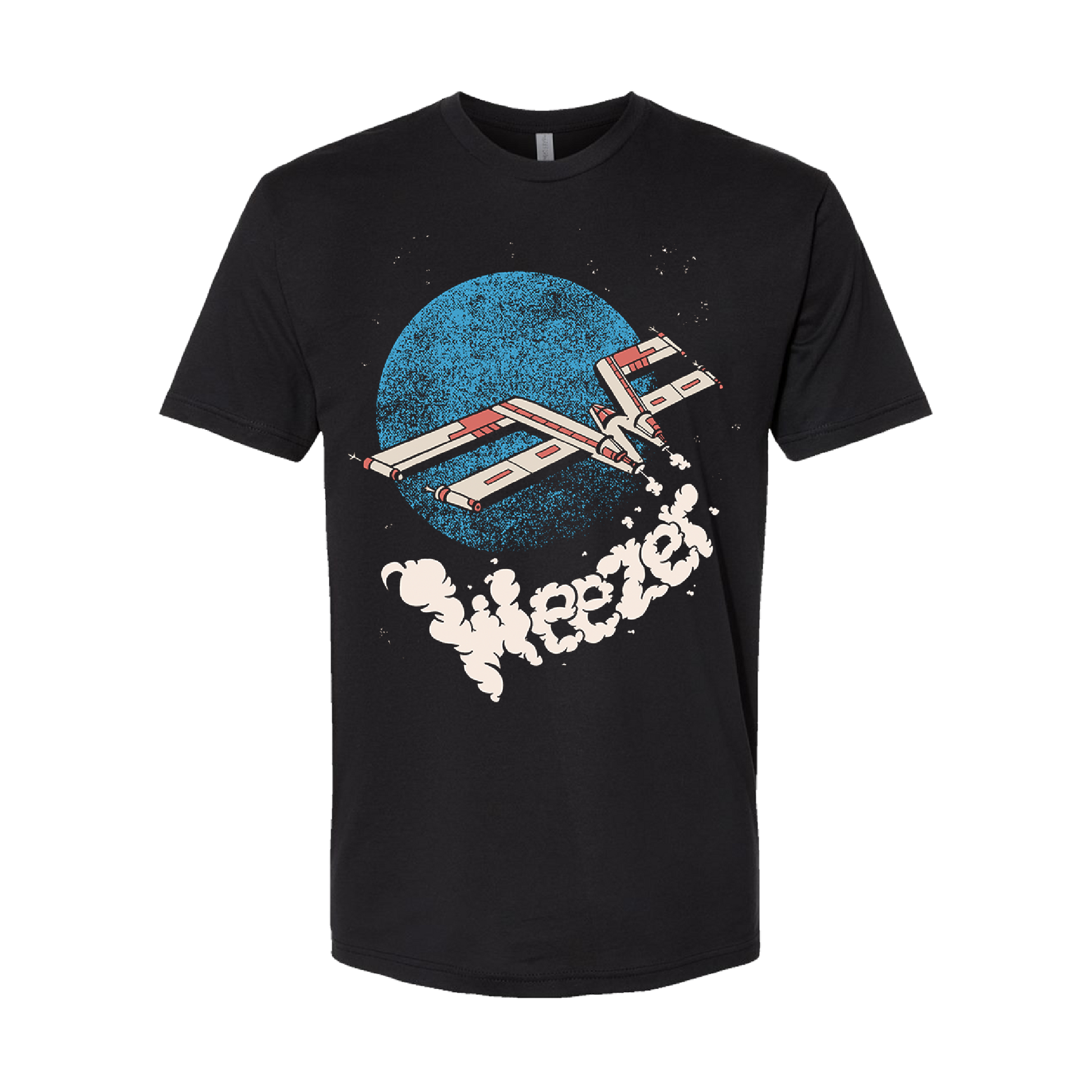 Black cotton voyage ship t-shirt with x-wing graphic and wheeler text available as official weezer merchandise uk store