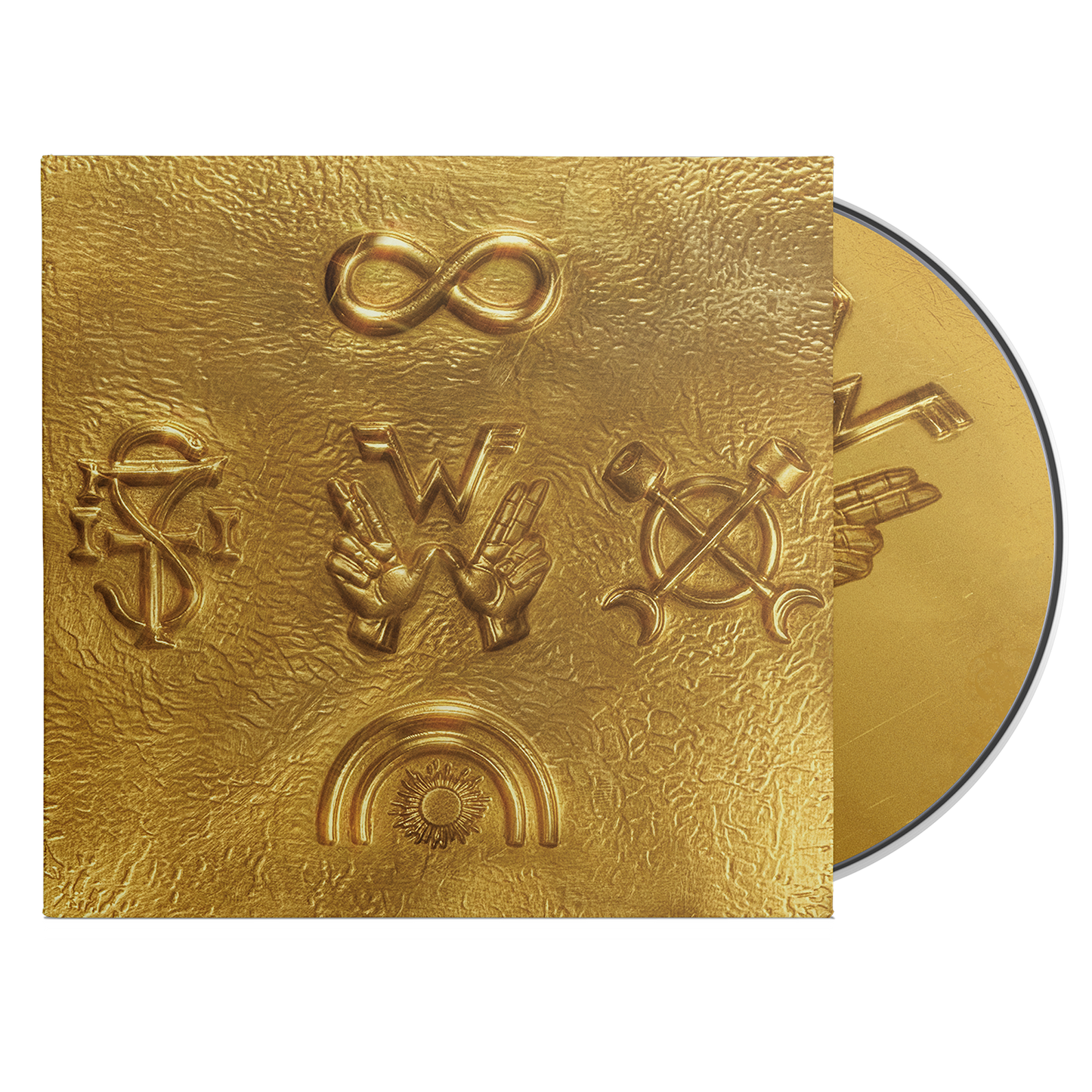 Golden vinyl preservation disc of weezer archive wzr with four embossed symbols on textured gold sleeve