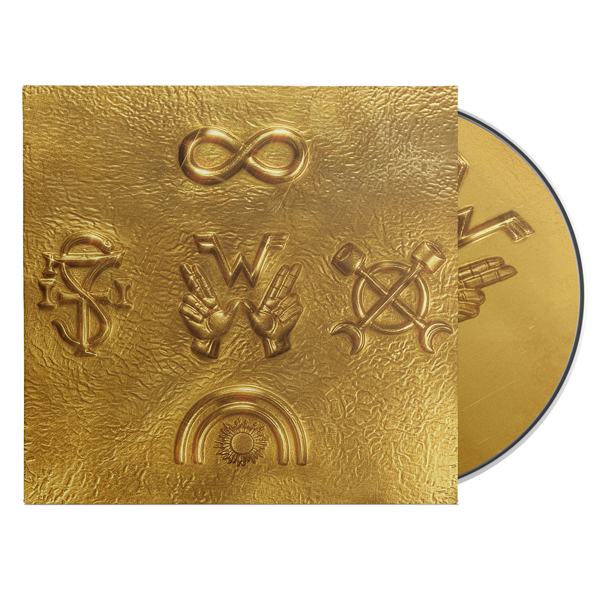 Golden vinyl preservation disc of weezer archive wzr with four embossed symbols on textured gold sleeve