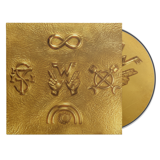 Golden vinyl preservation disc of weezer archive wzr with four embossed symbols on textured gold sleeve