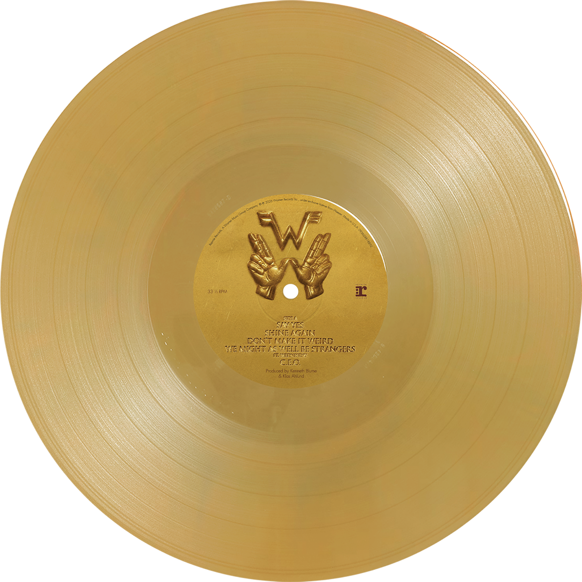 Weezer artifact wzr001 yellow gold vinyl with embossed hands on label and track listing for wiz khalifa album preorder