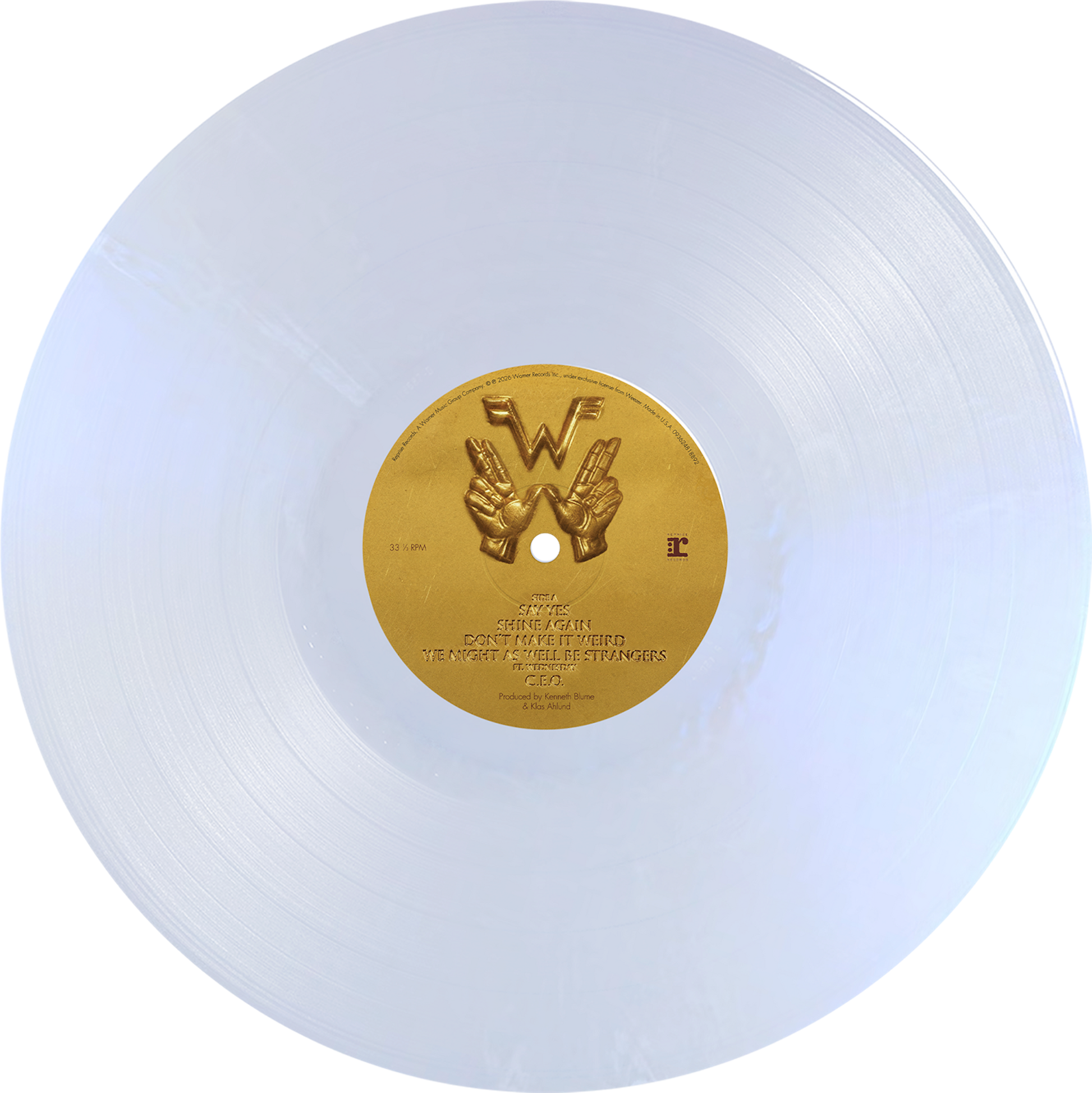 Weezer artifact wzr.002 translucent white gold vinyl record with embossed hands and gold center label preorder