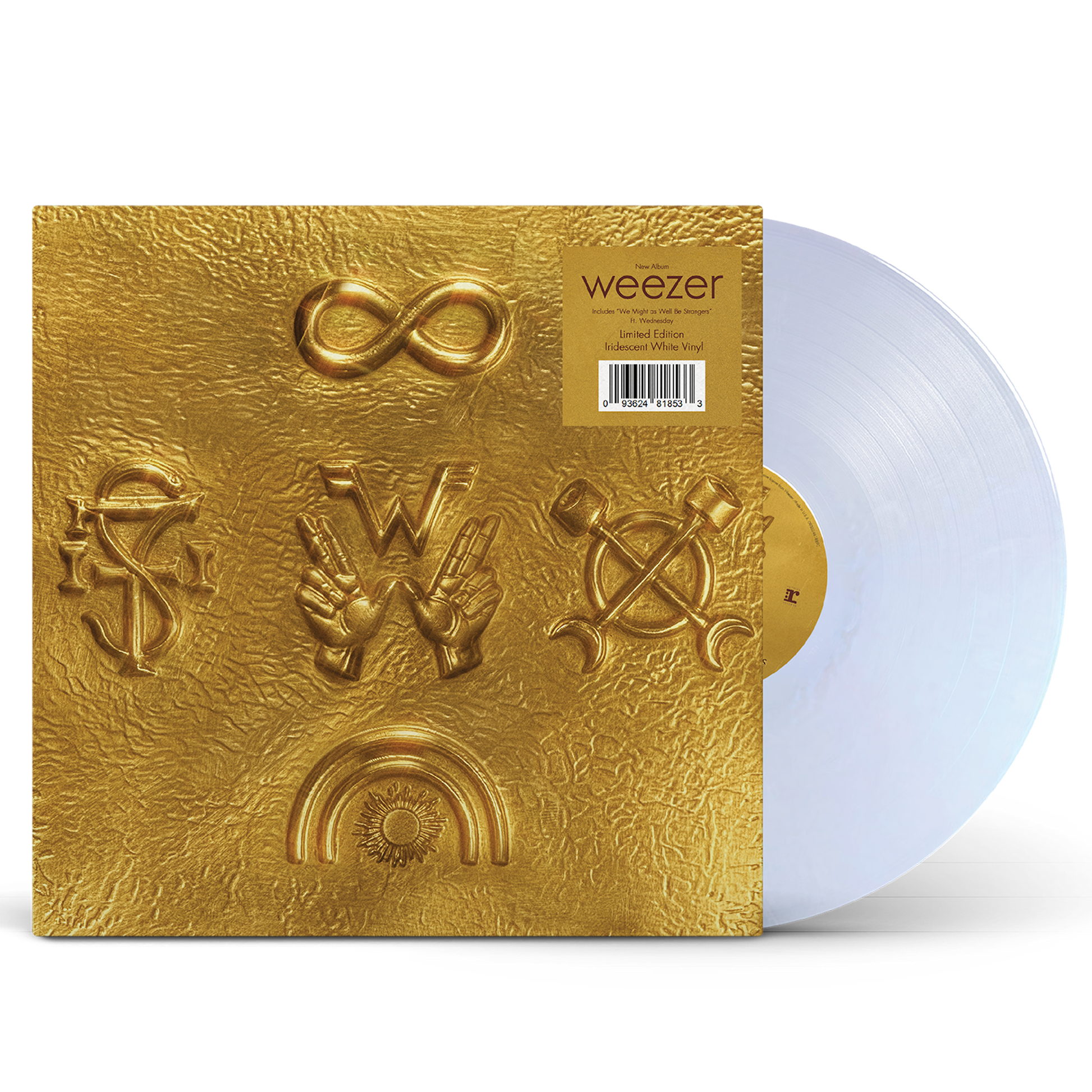 Weezer artifact wzr002 white gold vinyl preorder with golden textured album cover and translucent white gold vinyl record