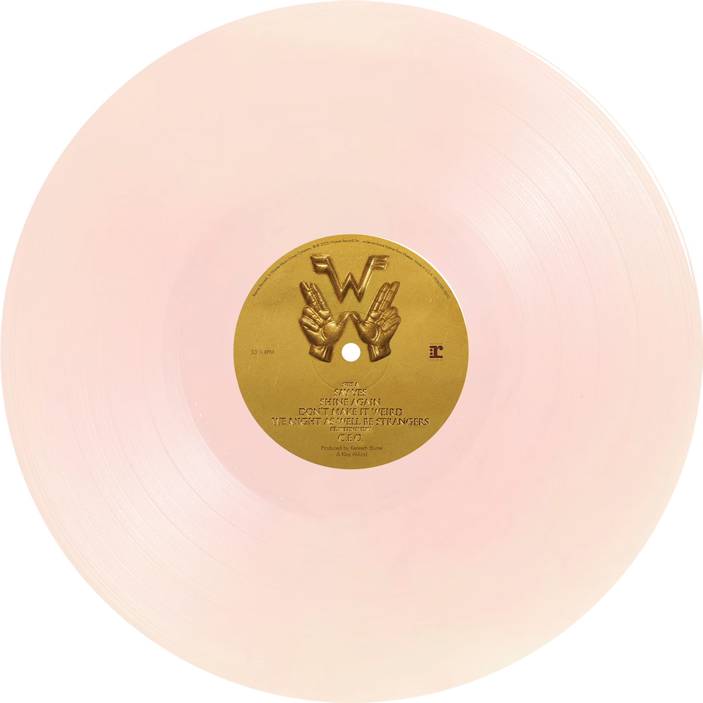 Weezer artifact wzr.003 rose gold vinyl preorder showing translucent pale pink record with gold vinyl center label