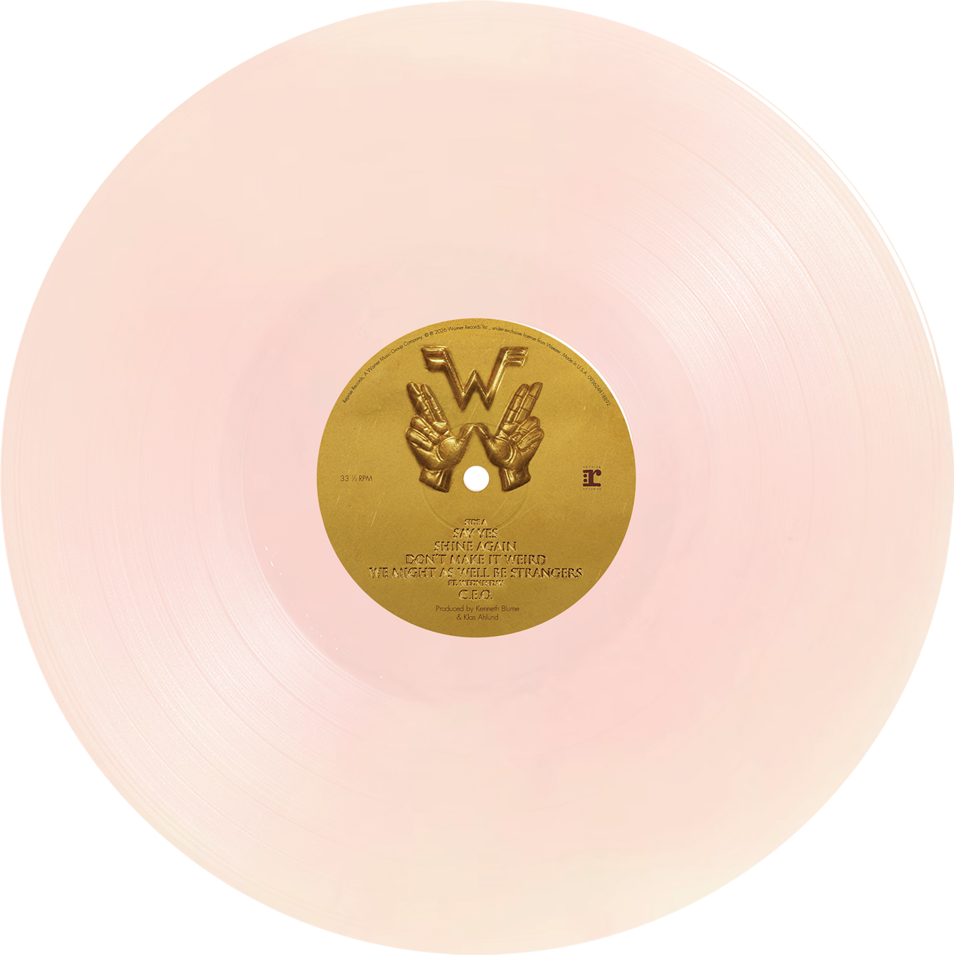 Weezer artifact wzr.003 rose gold vinyl preorder showing translucent pale pink record with gold vinyl center label