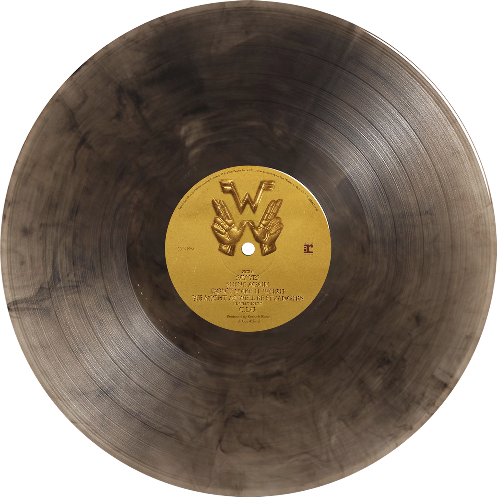 A marbled gray vinyl record with a gold vinyl center label featuring the wu-tang clan logo in the weezer black gold vinyl preorder
