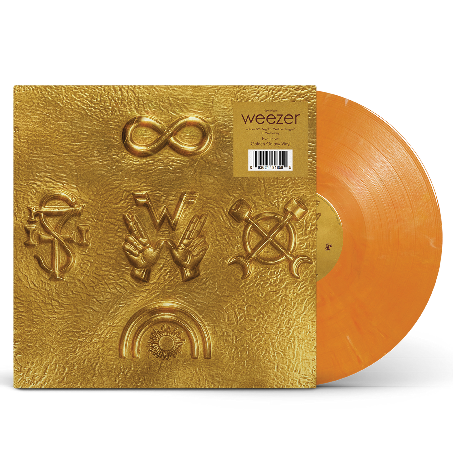 Weezer artifact wzr fool’s gold vinyl preorder featuring a golden textured vinyl record with embossed symbols and orange disc