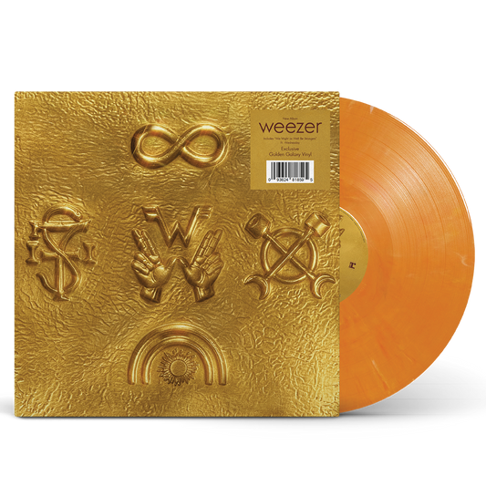 Weezer artifact wzr fool’s gold vinyl preorder featuring a golden textured vinyl record with embossed symbols and orange disc