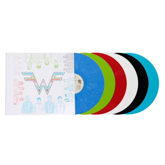 A vibrant multi-colored vinyl record set featuring translucent blue, green, red, white, black, and cyan discs arranged in a fan-like display.