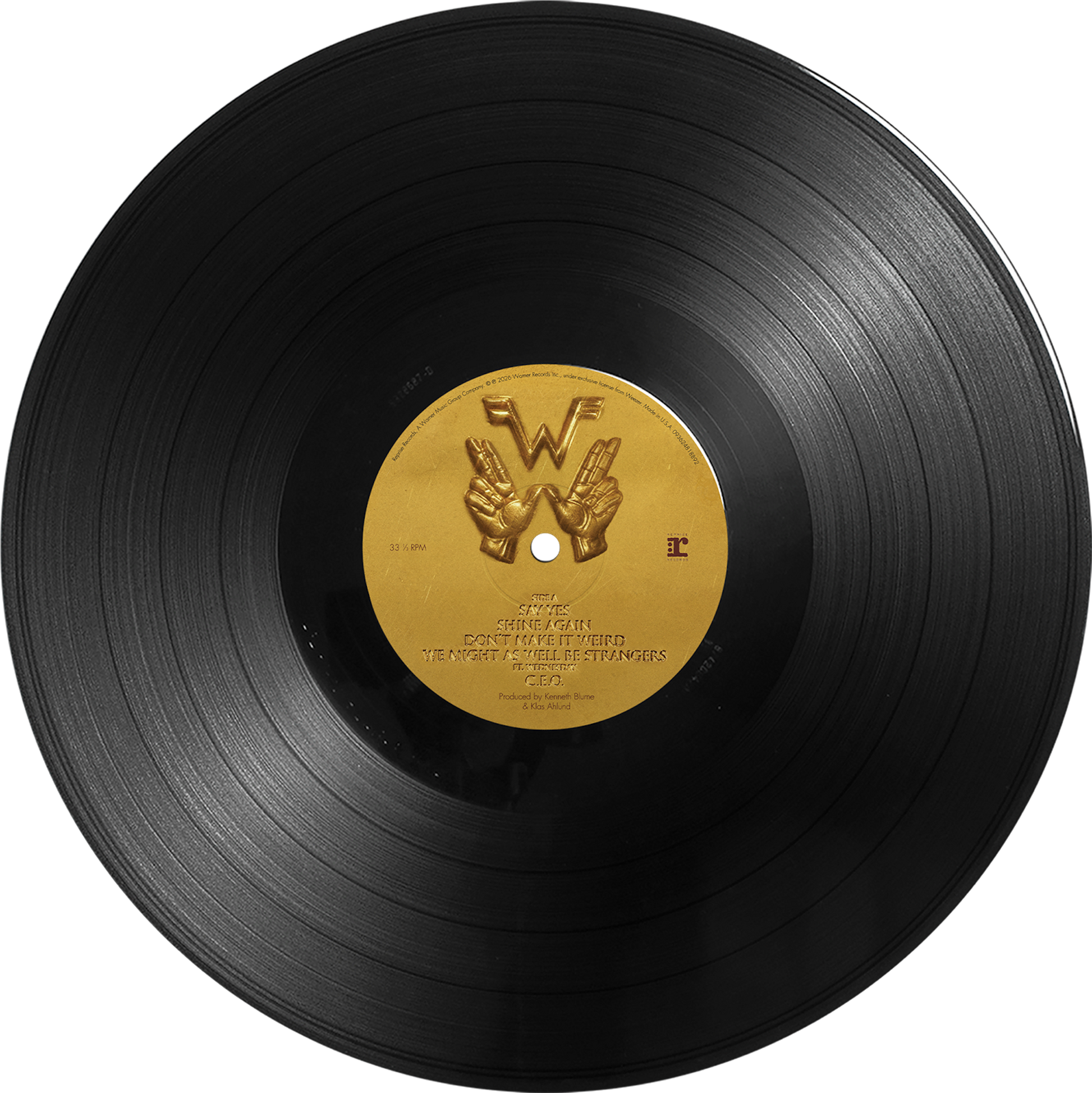 Black vinyl record with gold embossed hands forming a w and tracklist from weezer gold album official weezer merchandise