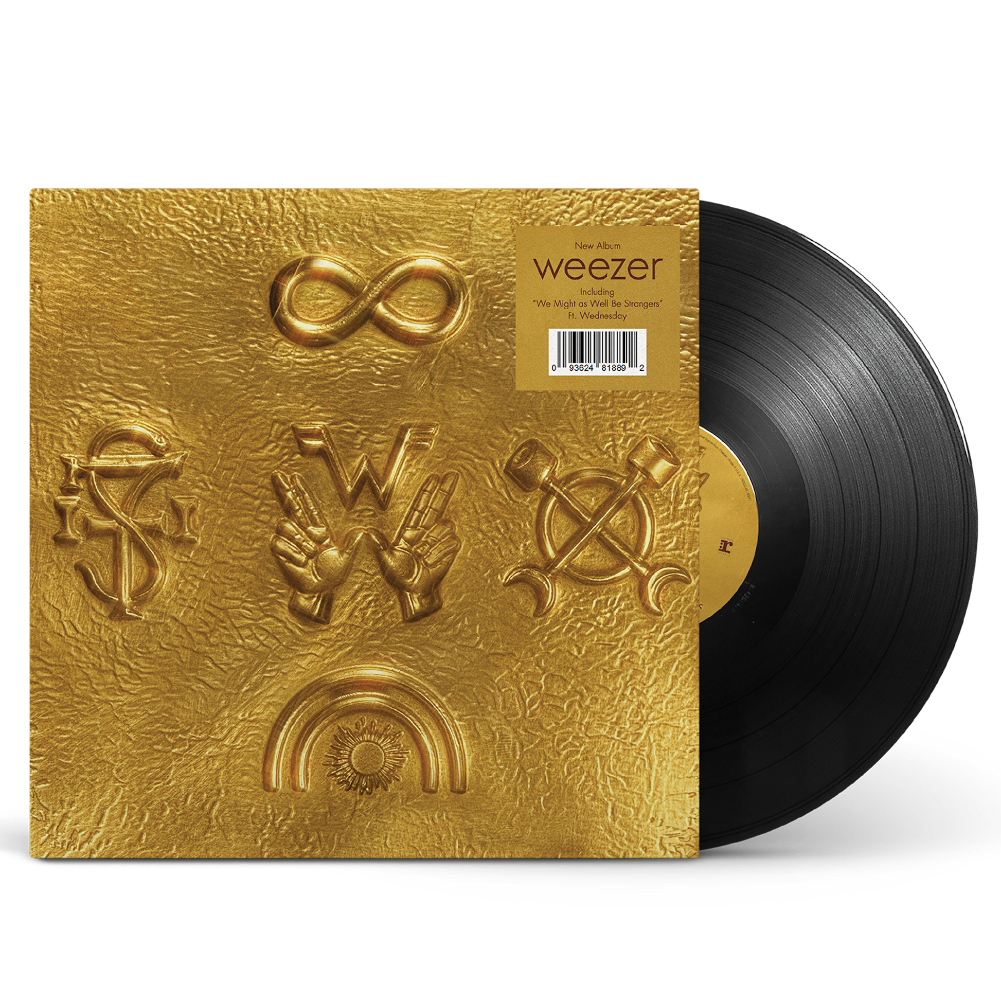 Gold textured vinyl record album cover with embossed symbols and weezer label from official weezer merchandise uk store