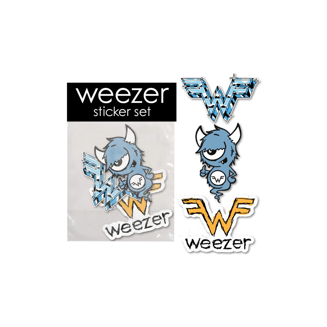 Blue and orange weezer sticker pack featuring cartoon monster designs with the band logo for fans and collectors