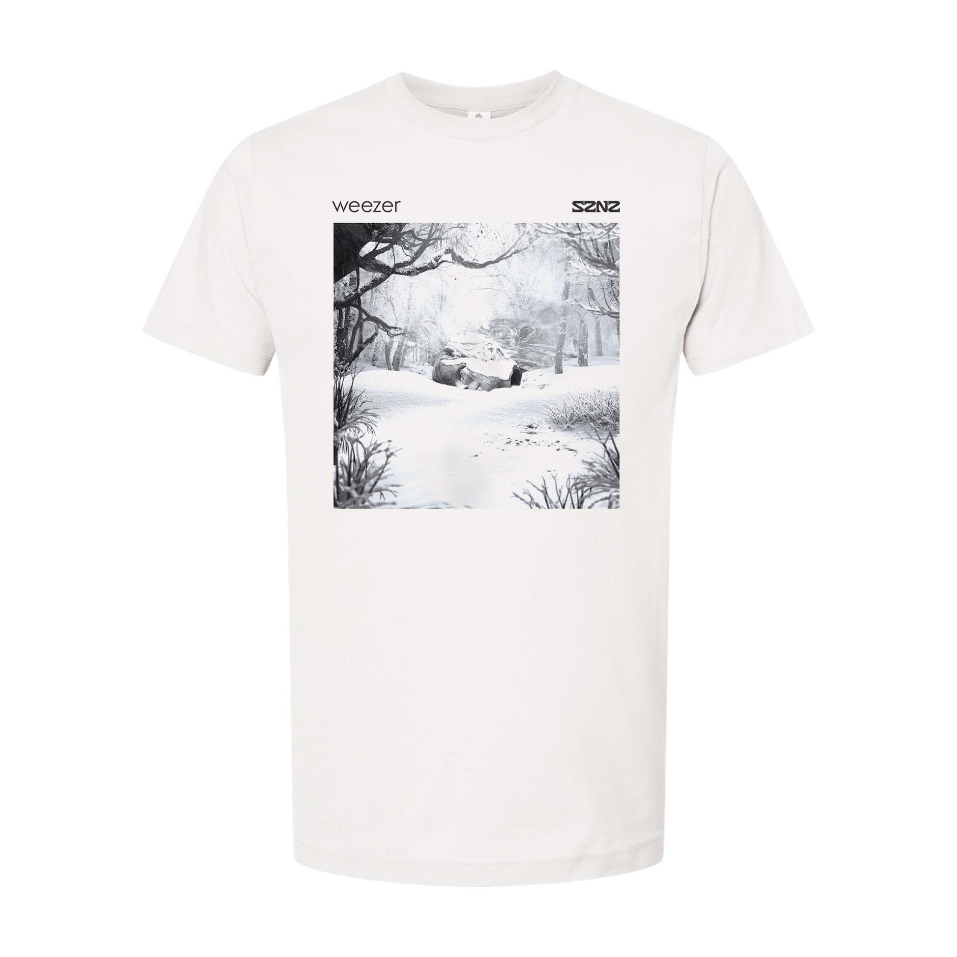 White t-shirt featuring a black and white winter scene album artwork for Weezer.