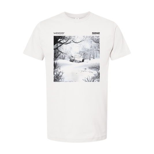 White t-shirt featuring a black and white winter scene album artwork for Weezer.