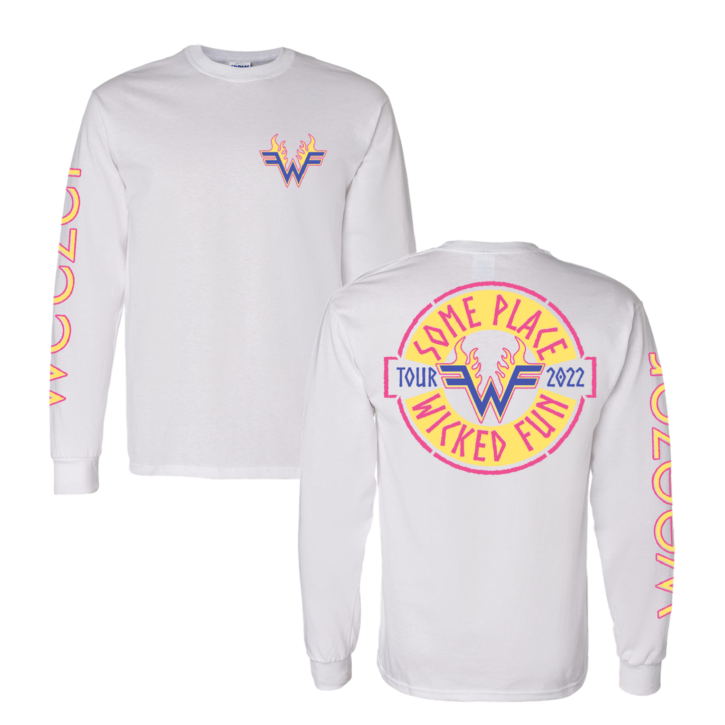 White long-sleeved t-shirt with colorful ’Weezer’ band tour graphics on front, back, and sleeve.