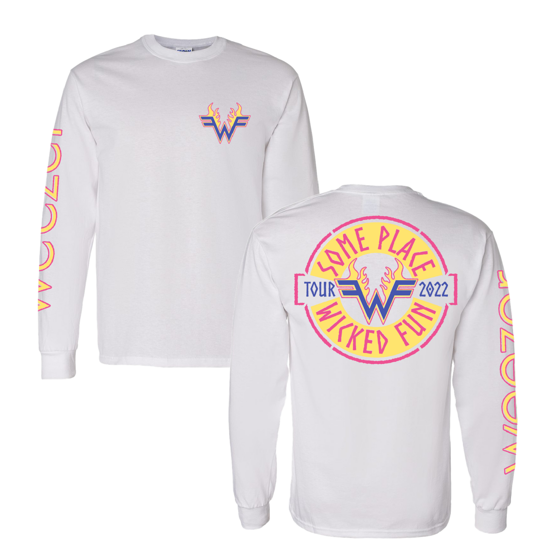 White long-sleeved t-shirt with colorful ’Weezer’ band tour graphics on front, back, and sleeve.