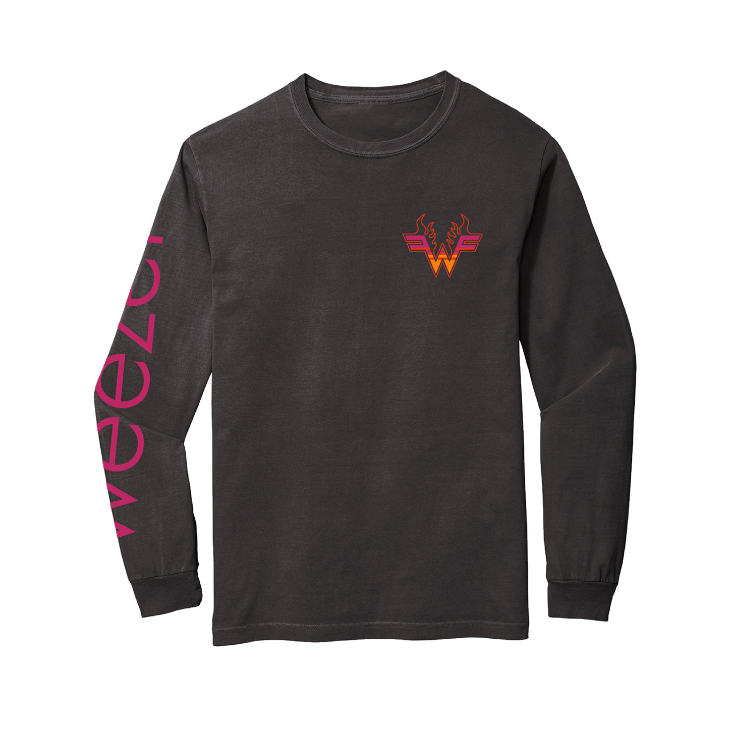 Dark gray long-sleeved t-shirt with a red and orange logo on the chest and pink text on the sleeve.