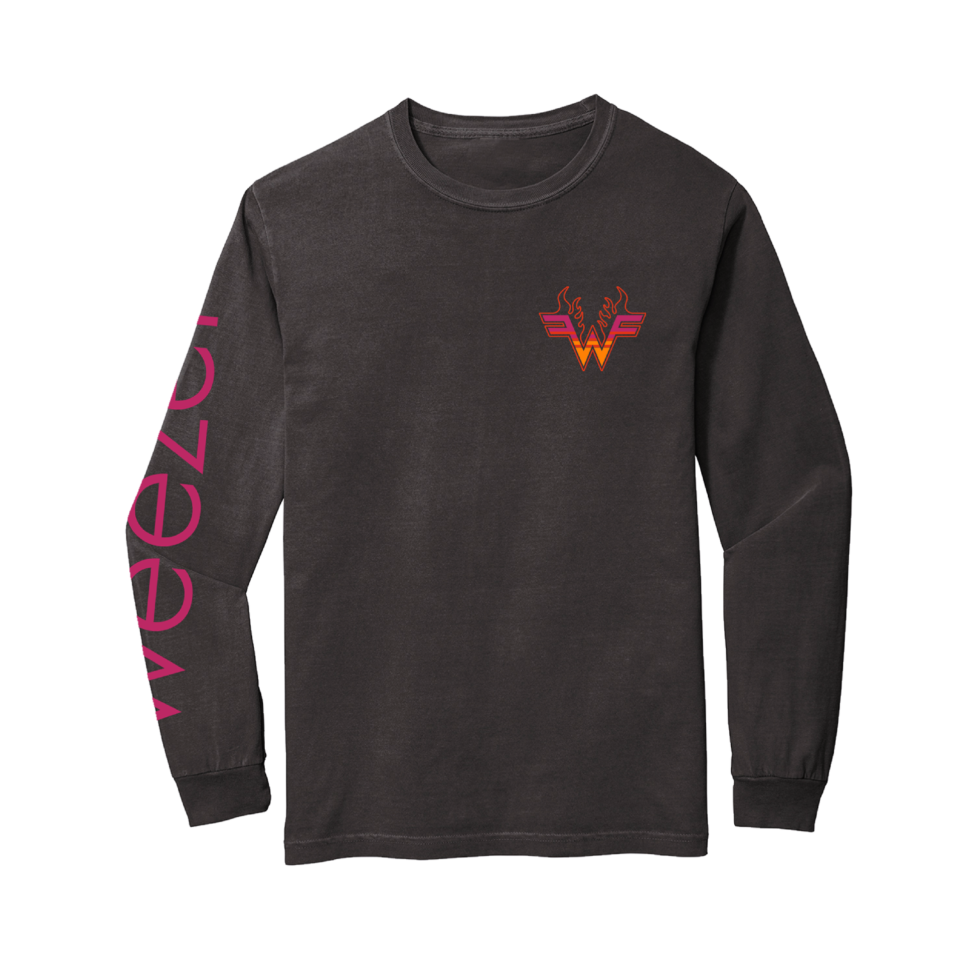 Dark gray long-sleeved t-shirt with a red and orange logo on the chest and pink text on the sleeve.