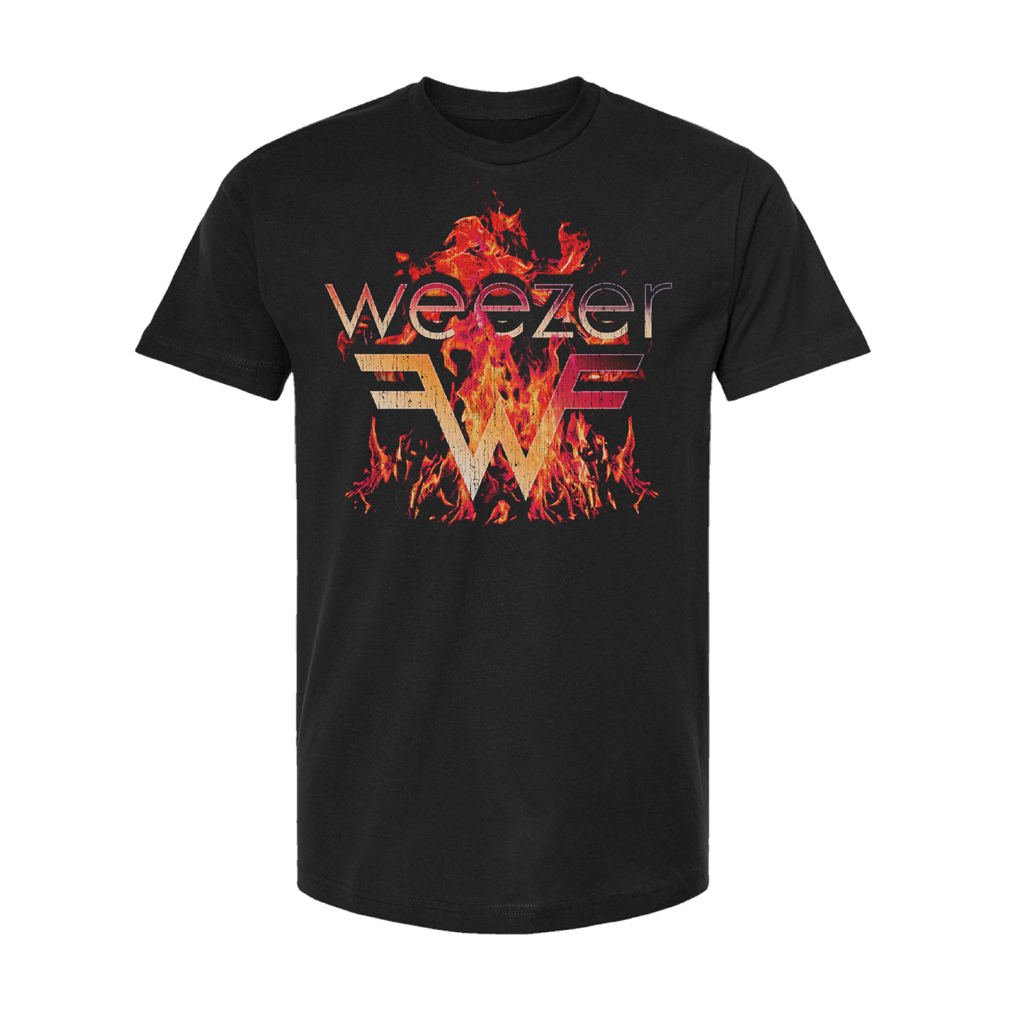 Black t-shirt featuring the Weezer band logo surrounded by flames.