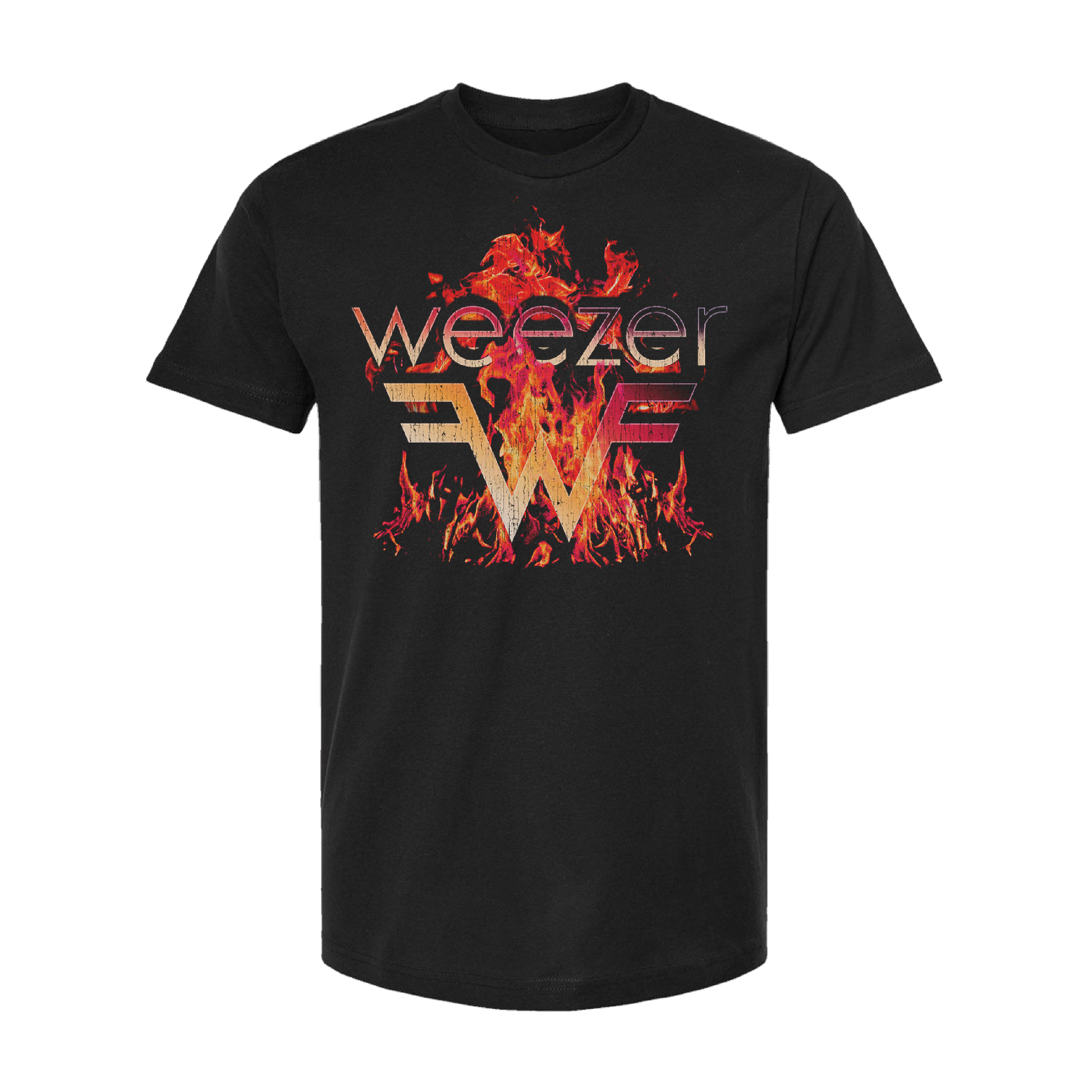 Black t-shirt featuring the Weezer band logo surrounded by flames.