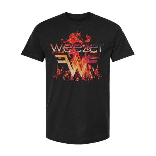 Black t-shirt featuring the Weezer band logo surrounded by flames.