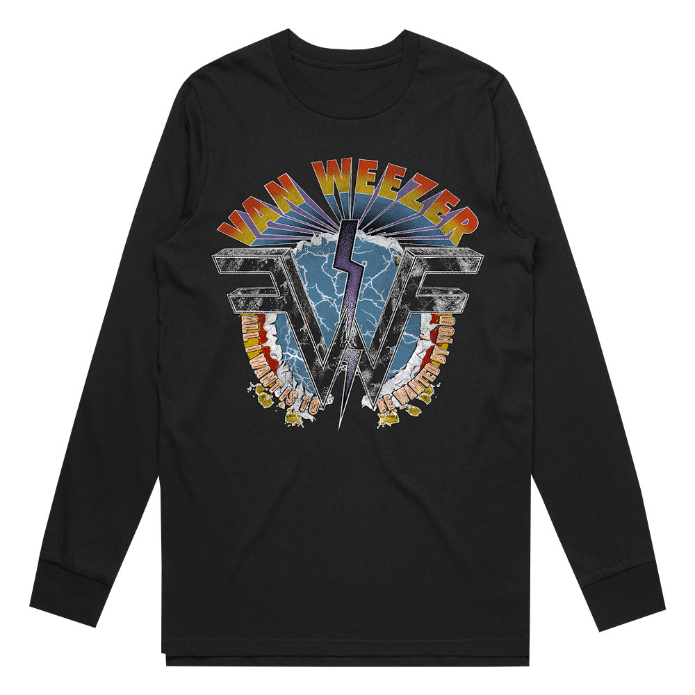 Black long-sleeved t-shirt with a colorful Van Weezer band logo design on the back.