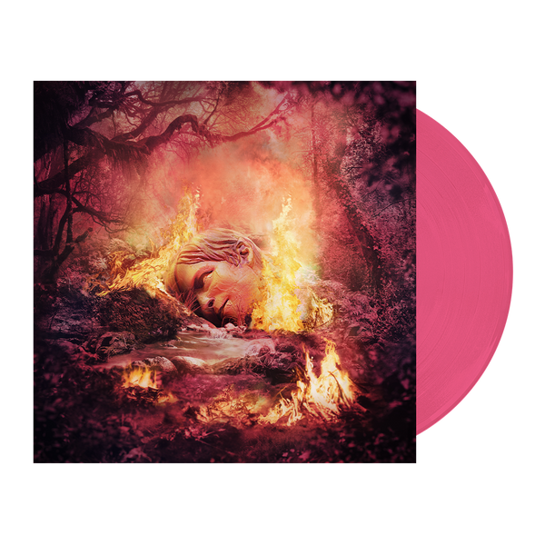 Vinyl record album cover featuring a surreal, fiery forest scene with a face emerging from flames.
