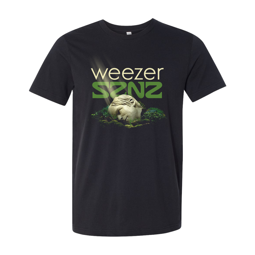 Black t-shirt with ’Weezer SZNZ’ design featuring a stone head surrounded by foliage.