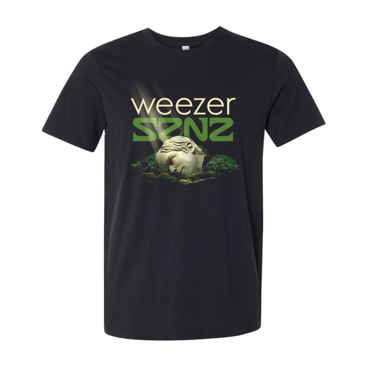 Black t-shirt with ’Weezer SZNZ’ design featuring a stone head surrounded by foliage.